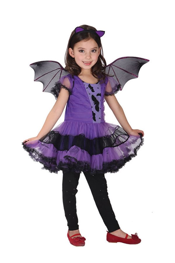 Halloween Girls Kids Fancy Dress Animal Bat Costume Purple-elleschic
