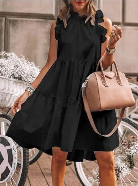 Wongn Wongn Summer Leisure Leisure Loose Sleeveless Pressure Pleated Stitching Solid Color Large Swing Round Collar Dress