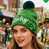 St Patricks Day Hat Sequins Lucky Pom Beanie Hats Green Knit Winter Hat for Irish-Themed Events