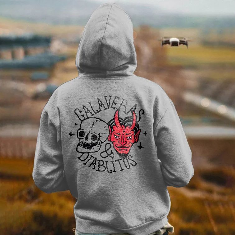 Calaveras & Diablitos Skull And Demon Print Men's Casual Hoodie - Krazyskull
