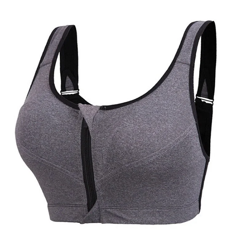 Women's Sports Bra Gathered Without Steel Ring Yoga Running Vest Fitness Front Zipper Sexy Shockproof Underwear Plus Size Solid