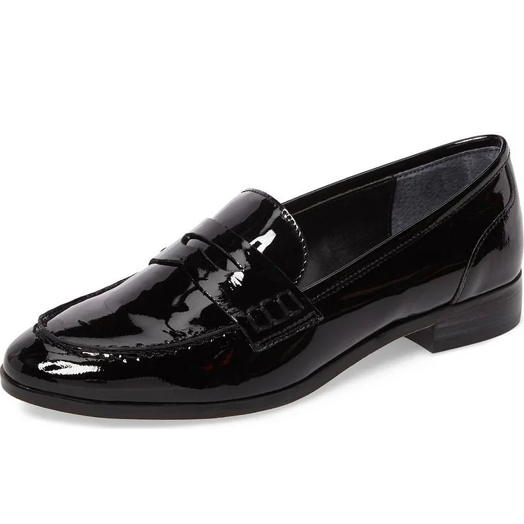 Black Patent Leather Round Toe Slip-on Flat Penny Loafers for Women |FSJ Shoes