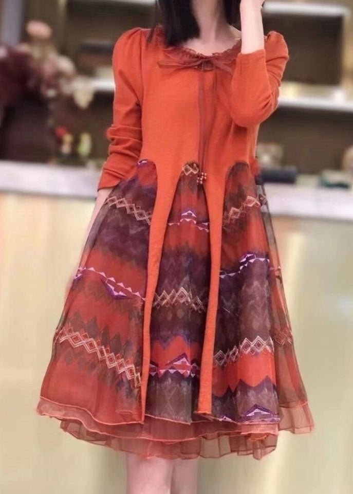 Classy Orange Knit Patchwork Tulle Embroideried  Fall Long sleeve Dress CK1067- Fabulory