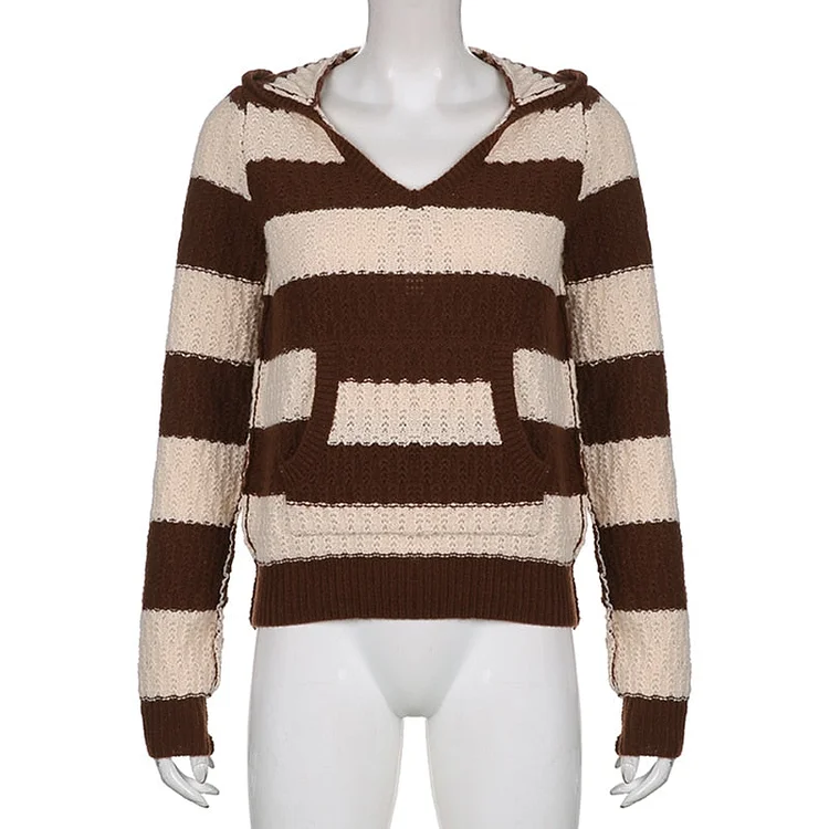 Sweetown Vintage Stripe Knitted Kawaii Y2K Hoodies Sweaters With Pockets Women Preppy Style Lantern Sleeve Autumn Winter Jumpers