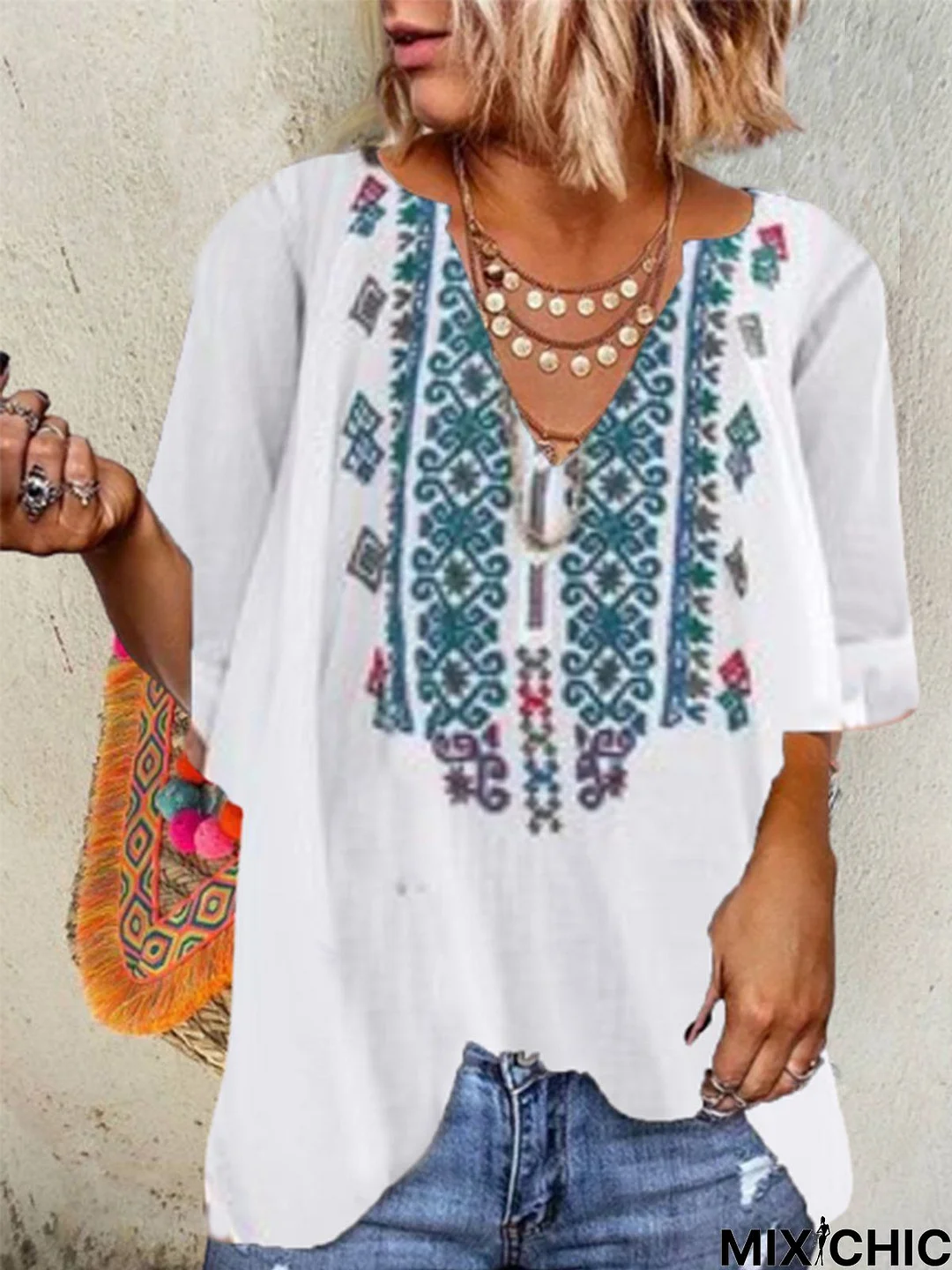 Cotton-Blend Vintage V Neck Loose Tunic Blouse