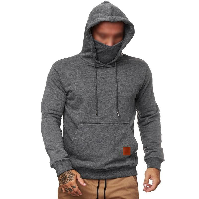Men Casual Solid Color Panel Mask Long Sleeve Hooded Sweatshirt