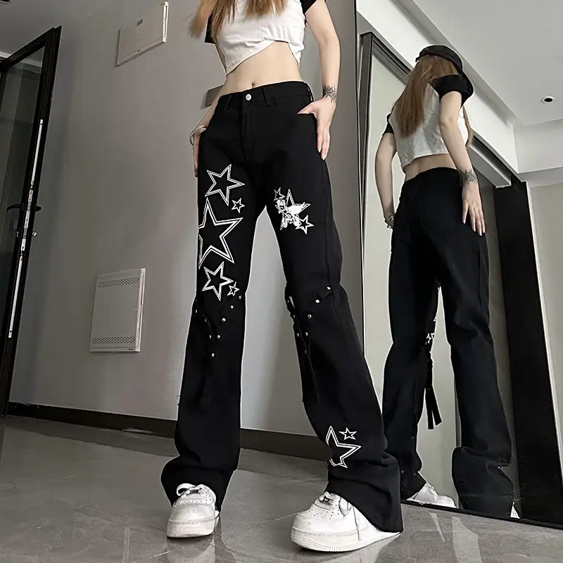 Funnipros school outfits Y2K New American Hip-hop Star Jeans Female Ins High Waist Slim Fashion Joker Loose Covered Straight Wide-leg Pants Casual Pants