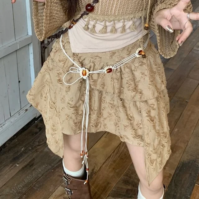 Mid Cami Rise Distressed Beaded / Skirt Mini Cropped Asymmetrical Plain Tassel Sweater Chain A-Line Waist Detail Top