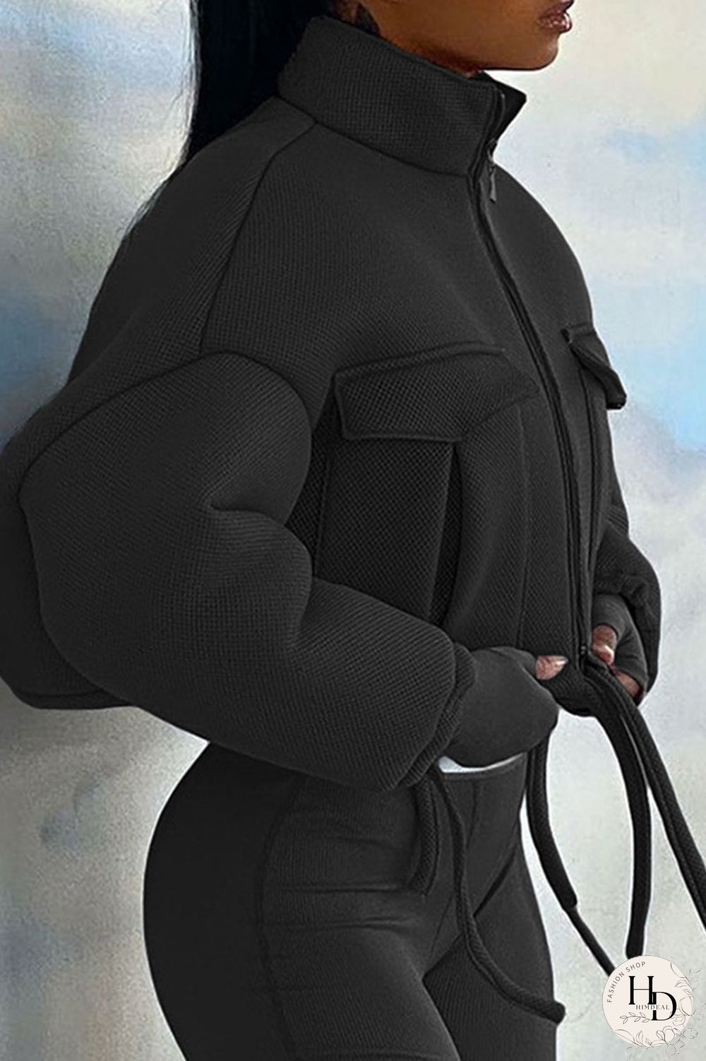 Black Casual Solid Mandarin Collar Outerwear