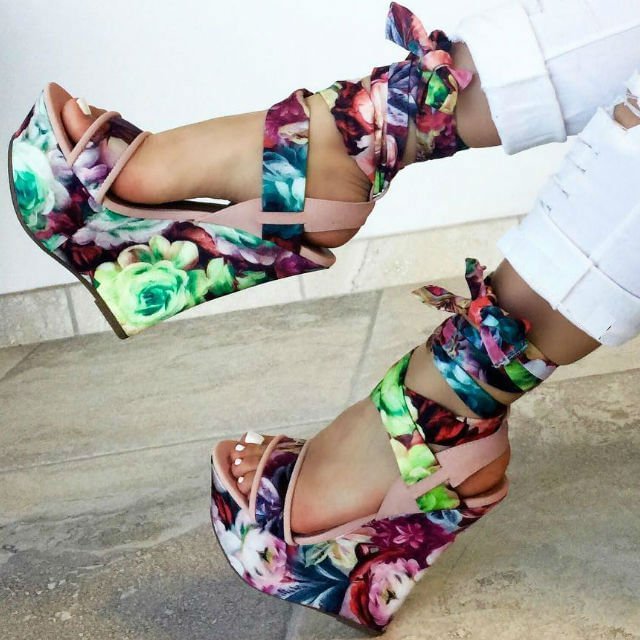 Floral Heels Strappy Platform Wedge Sandals |FSJ Shoes