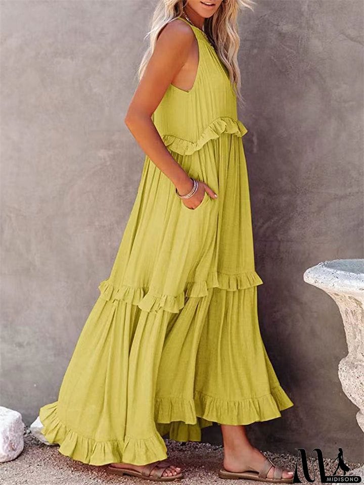 MidiSono - Romantic Ruffles Swing Sleeveless Halter Maxi Dress for Women