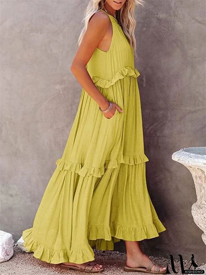 MidiSono - Romantic Ruffles Swing Sleeveless Halter Maxi Dress for Women