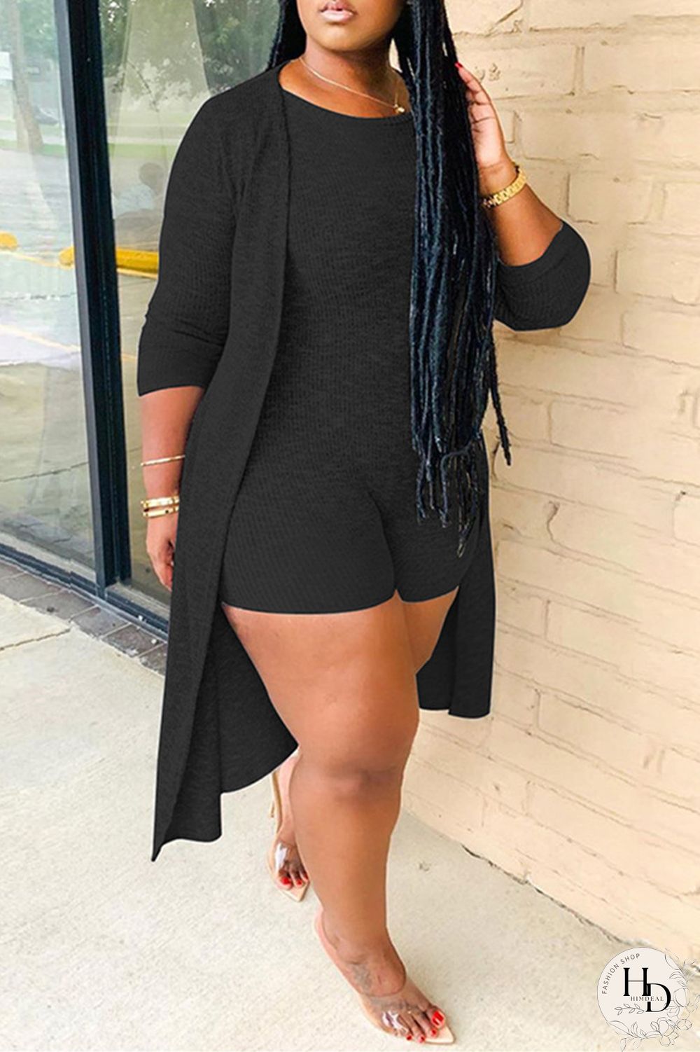 Grey Fashion Casual Solid Cardigan O Neck Plus Size Two Pieces