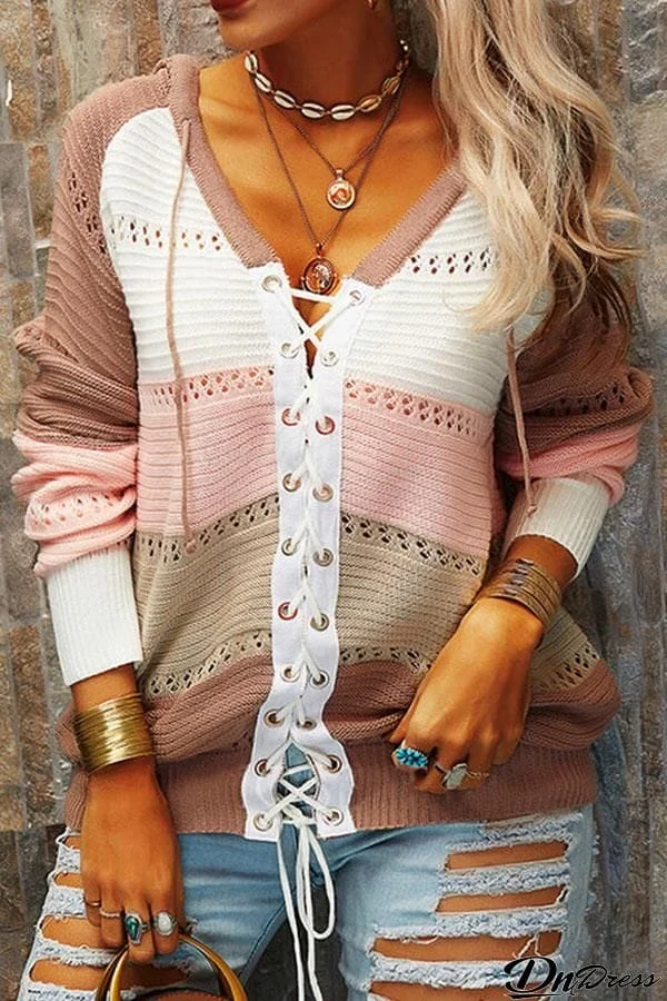 Color Contrast Lace-Up Hooded Sweater