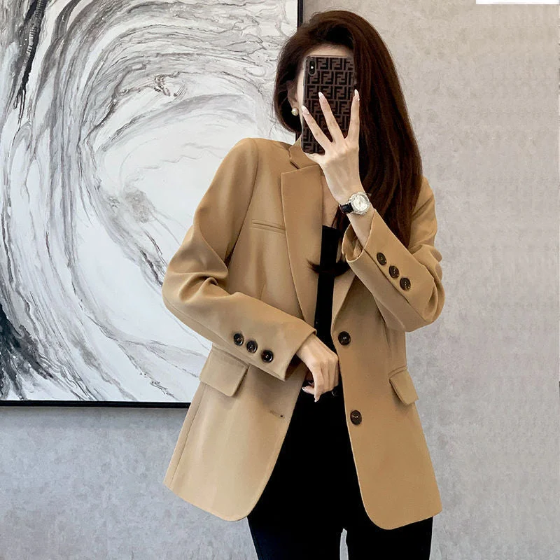 UForever21 Women Fashion Brown Pu Leather Blazers Solid Colors Single Button Commute Suits 2022 Spring Autumn Office Lady New Indie Blazers