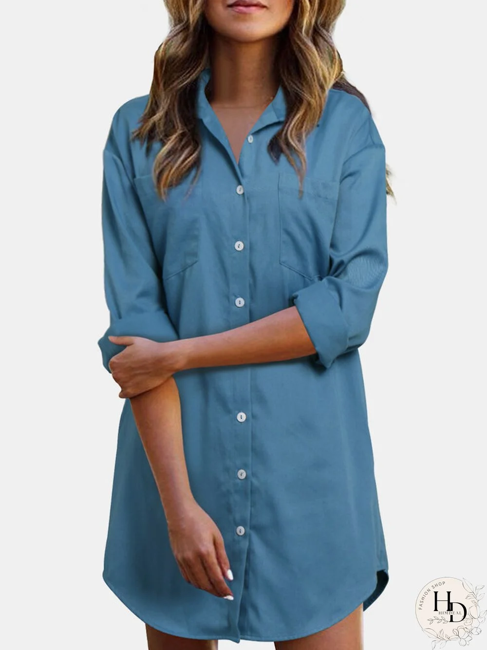 Solid Color Long Sleeve Turn-down Collar Mini Dress for Women