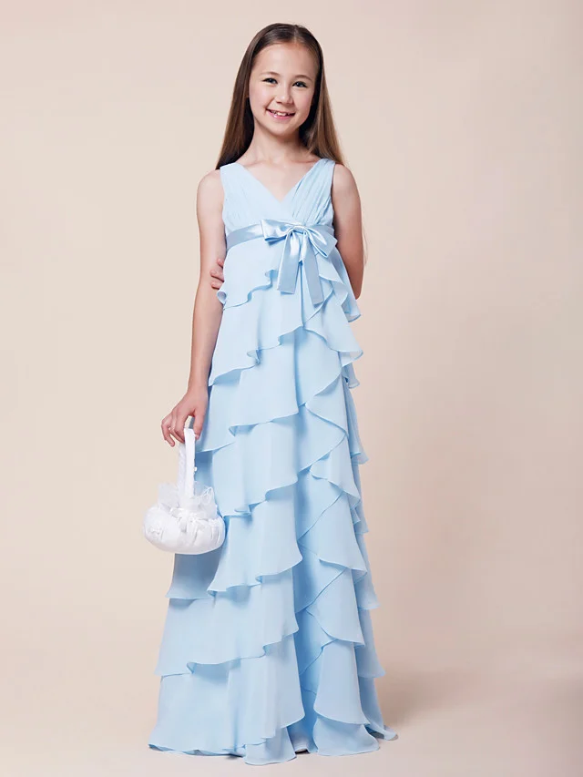 Bellasprom A-Line V Neck Flower Girl Dress Floor Length Chiffon Stretch Satin With Bow
