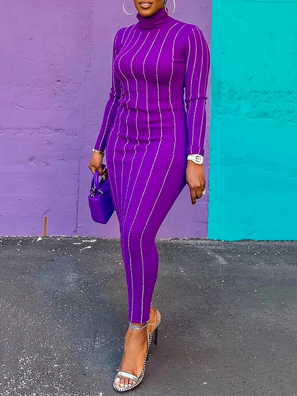Solid Color Long Sleeves Plus Size High Neck Maxi Dresses