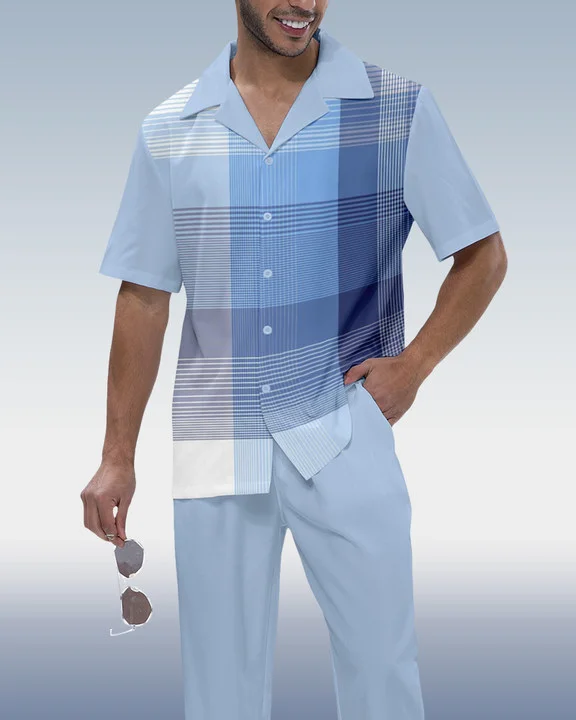 Suitmens Men's Check Print Short Sleeve Shirt Walking Set 351