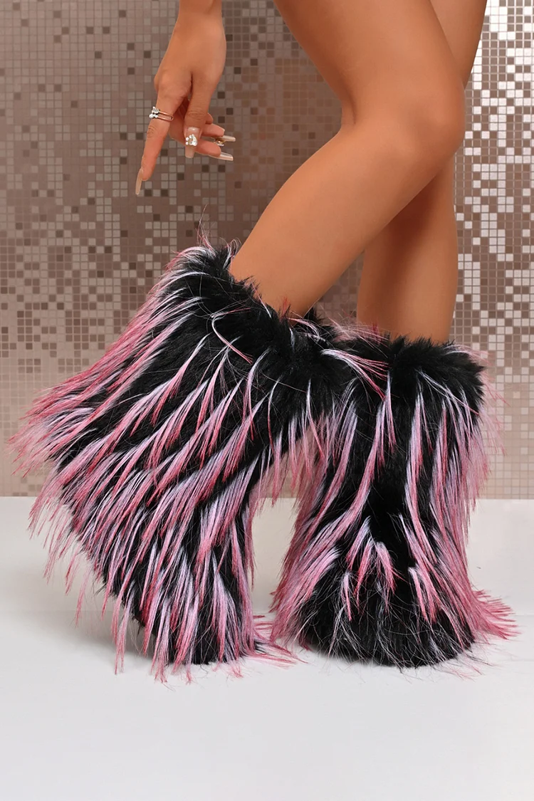 Festival Pink Ombre Furry Faux Fur Platform Round Toe Mid Calf Boots