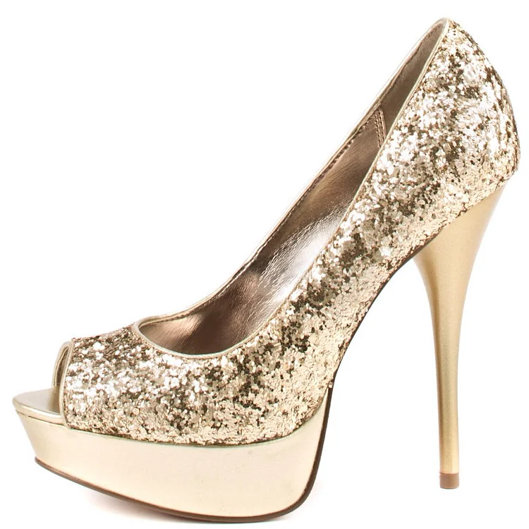 Women's Golden Sparkly Peep Toe Stiletto Heels Pumps Shoes |FSJ Shoes