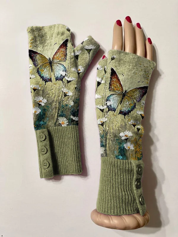 Retro butterfly floral casual print knit fingerless gloves