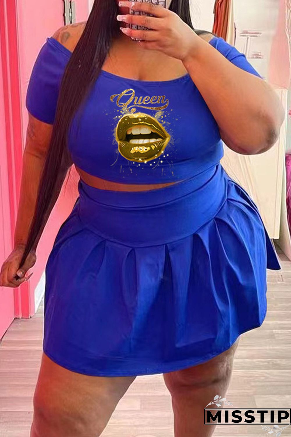 Black Fashion Casual Lips Printed Basic O Neck Short Sleeve Two Pieces