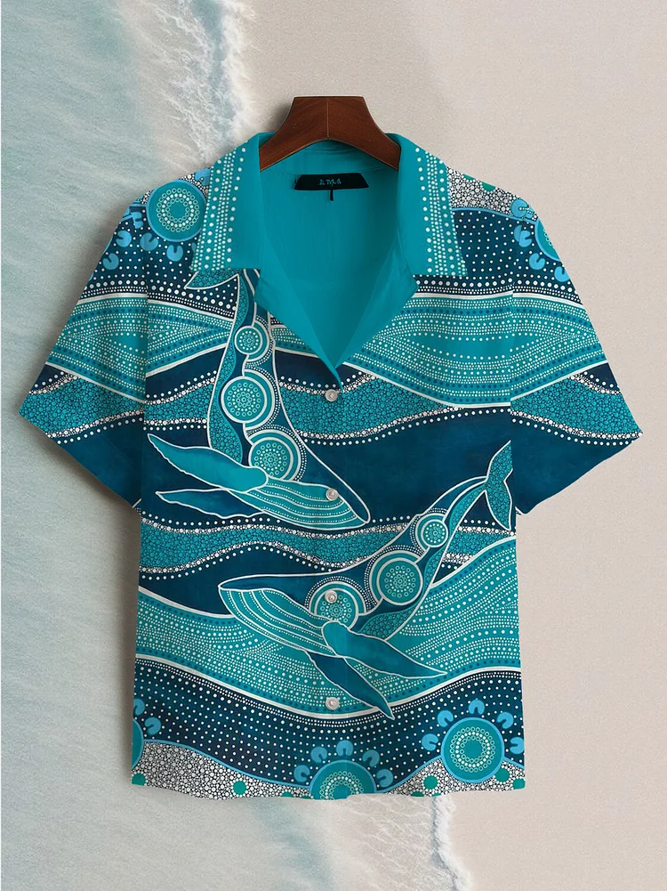 Women's Vacation Style Whale Art Print Short Sleeve Shirt