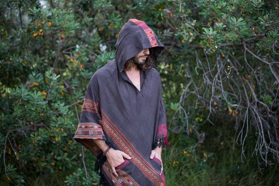 Mens Yak Wool Poncho Grey and Brown with Large Hood and Pockets, Tribal Embroidered Gypsy Festival Mexican Boho Style Primitive Rave Nomadic