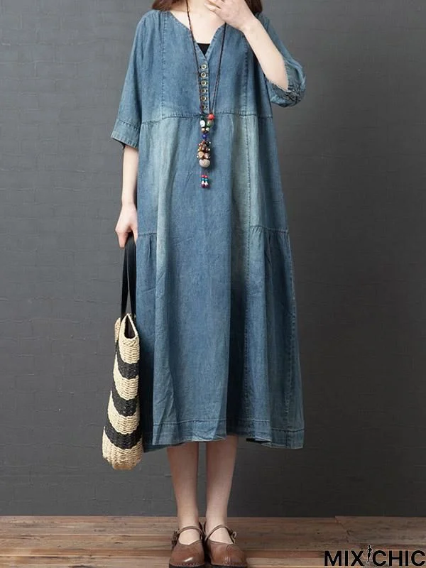 Plus Size Loose V-Neck Denim Midi Dress