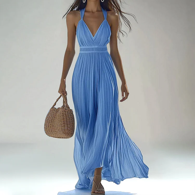 Casual V Neck Pleated Chiffon Sleeveless Maxi Dress