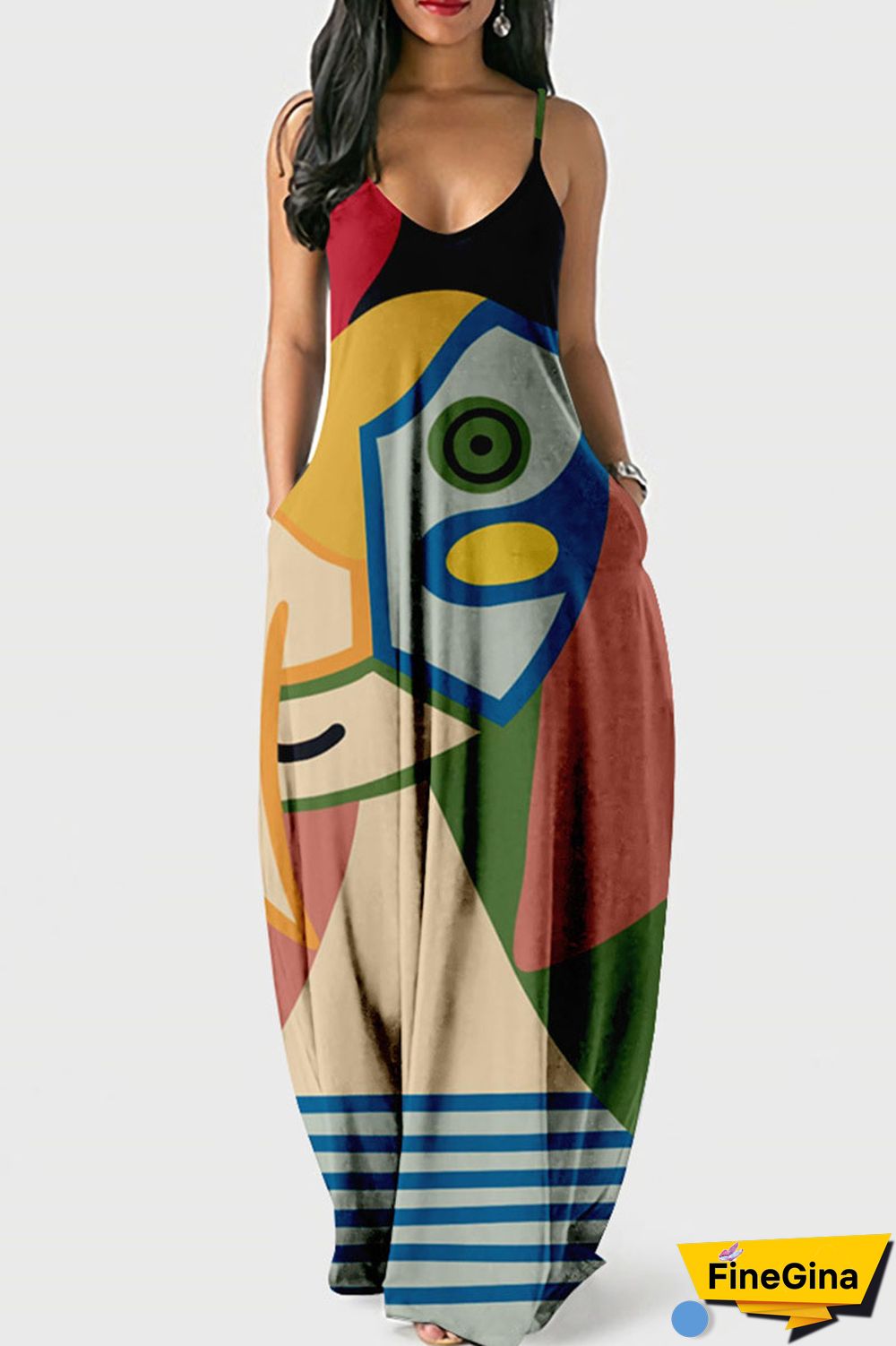 Multicolor Street Print Patchwork Spaghetti Strap Lantern Dress Dresses