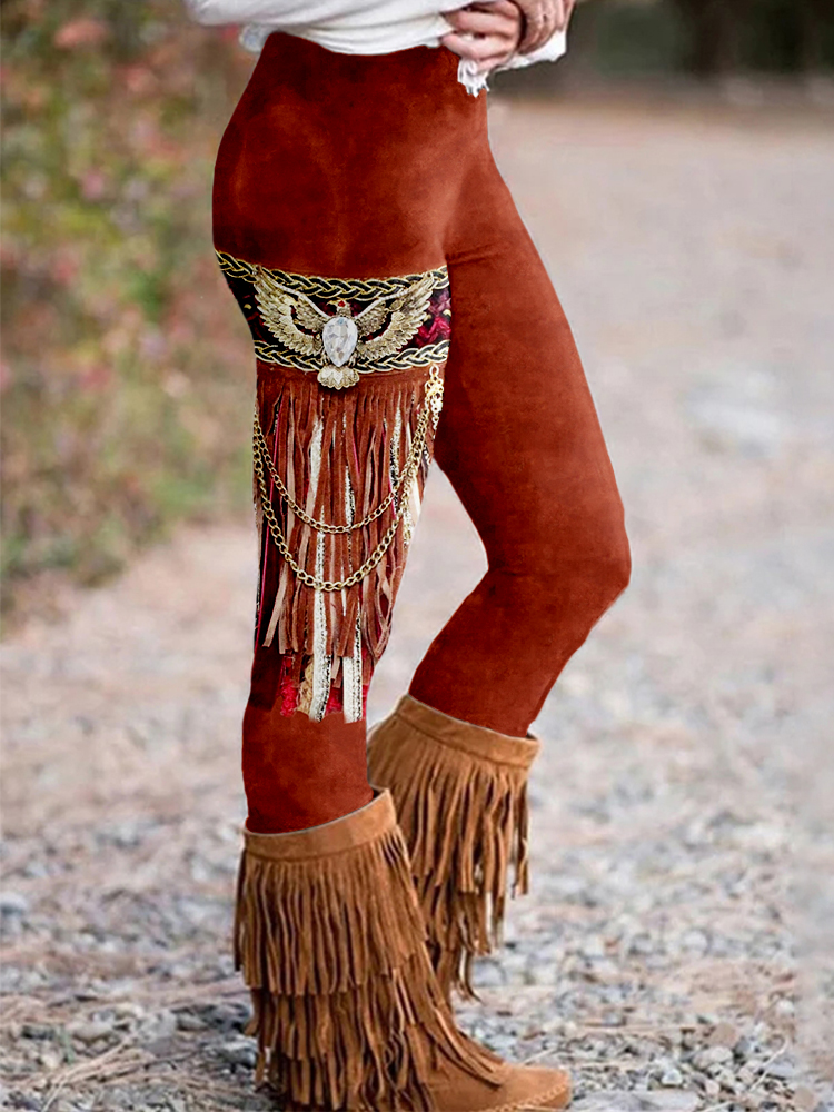  Western Feather Tassel Art Casual Leggings Westsshops