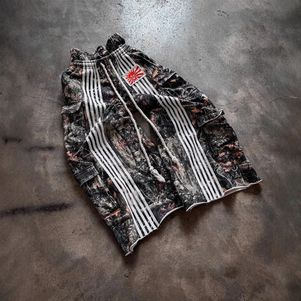 Athvotar Athvotar High Street Workwear Double Waist Head Trousers Leaf Camouflage Heavy Industry Striped Broad Leg Trousers