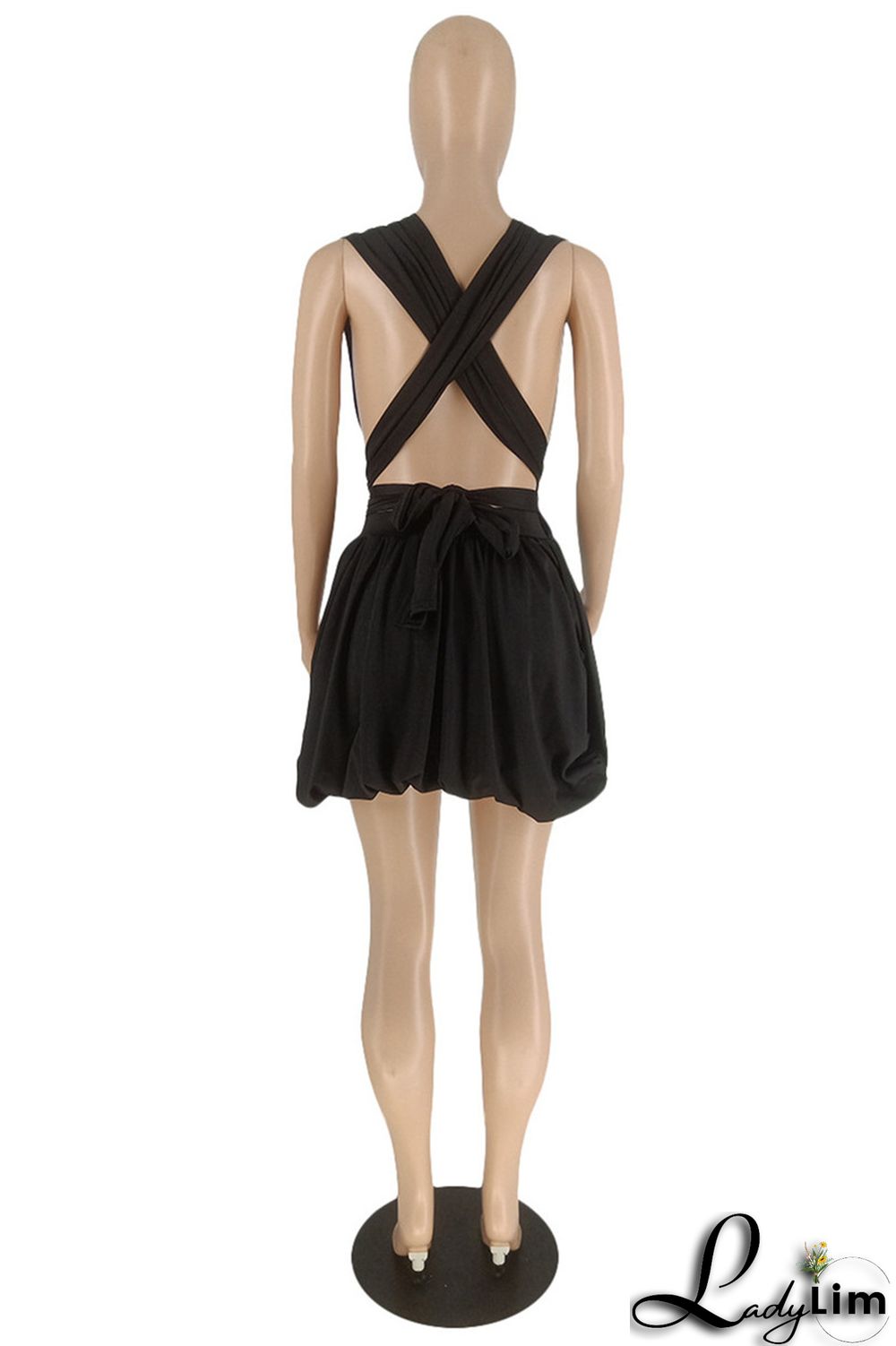Black Sexy Casual Solid Bandage Backless V Neck Sleeveless Dress