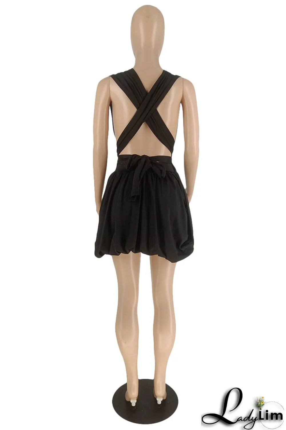 Black Sexy Casual Solid Bandage Backless V Neck Sleeveless Dress