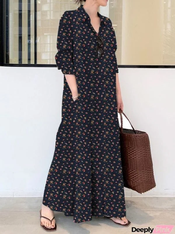 Vintage Printed Lapel Long Sleeve Shirt Maxi Dress