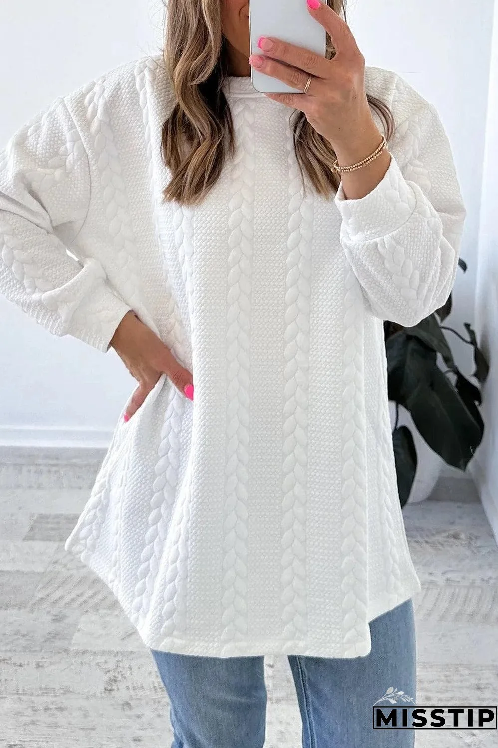 White Cable Textured Long Sleeve Round Neck Top