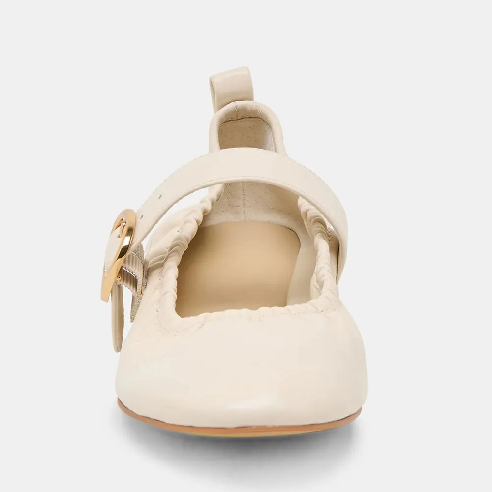 Ivory Faux Leather Round Toe Buckle Strap Flat Shoes for Women