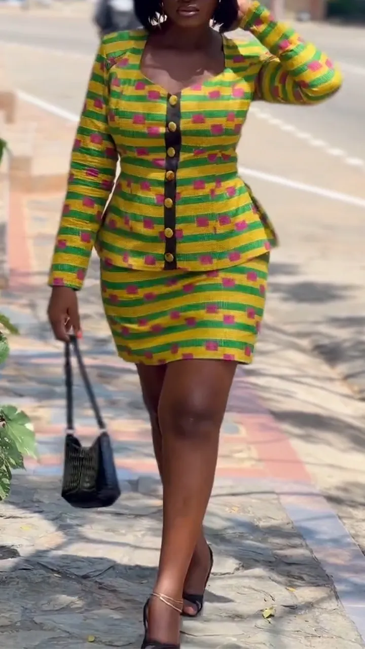 Women Square Neck Button Printed Jacket + Half Skirt Casual Set with Temperament