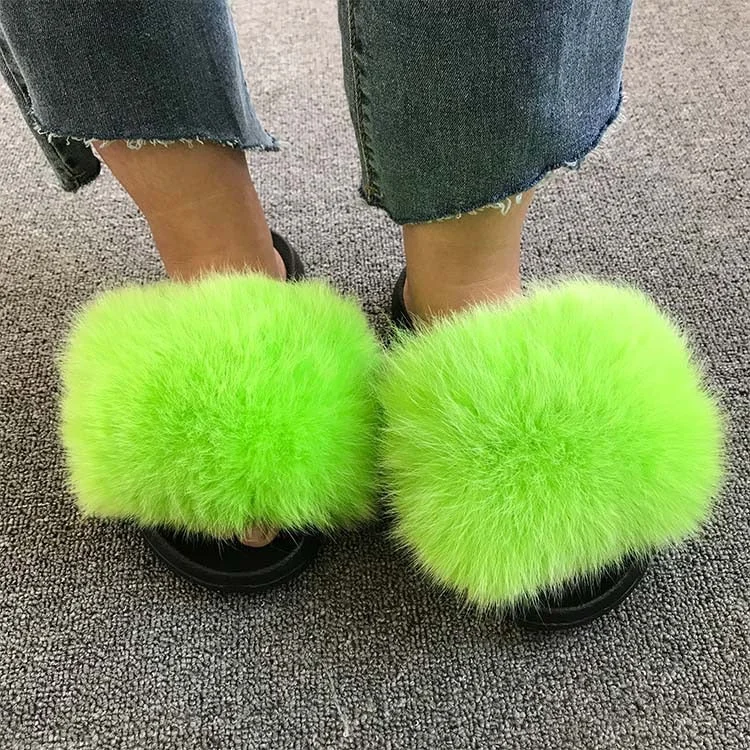 Hot Summer Women Fox Fur Slippers Real Fur Slides Female Indoor Flip Flops Casual Raccon Fur Sandals Furry Fluffy Plush Shoes