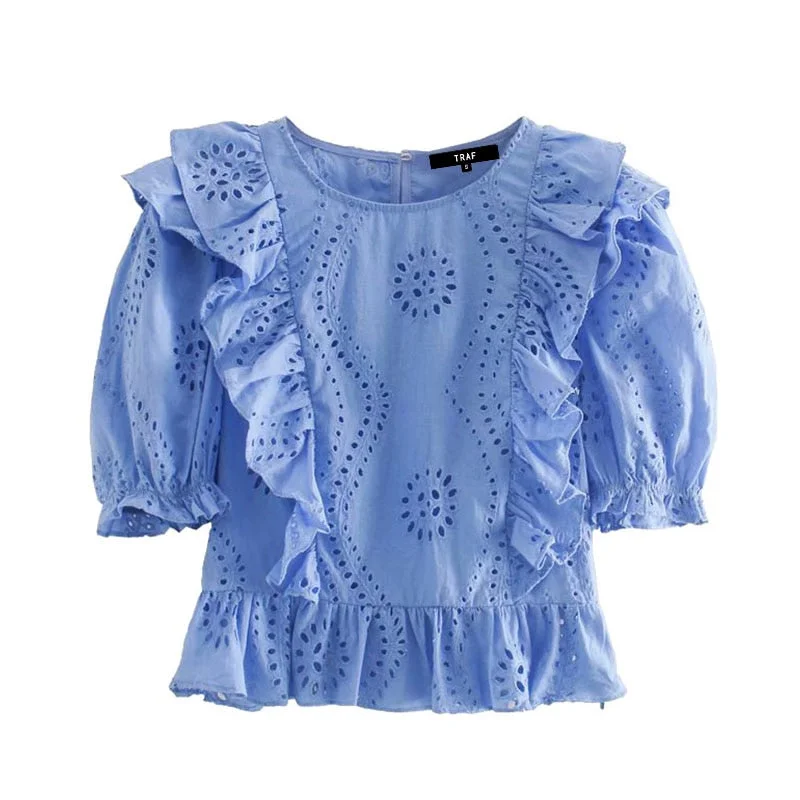 TRAF Women Fashion Cutwork Embroidery Cropped Blouse Vintage O Neck Side Zipper Ruffles Female Shirts Blusas Chic Tops