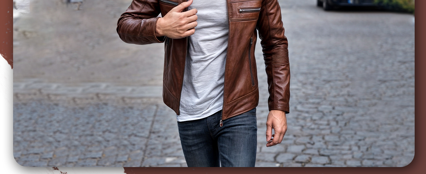leather jacket brown cafe racer men slim coat biker real lambskin motorcycle moto outerwear