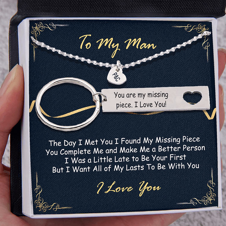 To My Man Heart Necklace Keychain Gift Set for Him "You Are My Missing Piece"