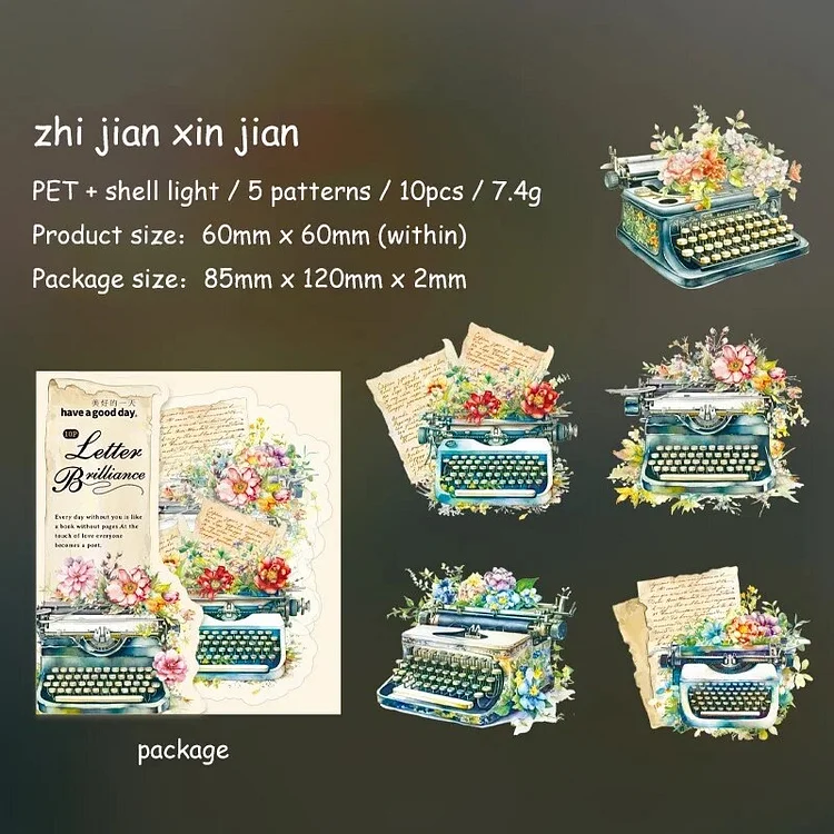 Journalsay 10 Sheets Letter Brilliance Series Vintage Flower Decor Shell Light PET Sticker