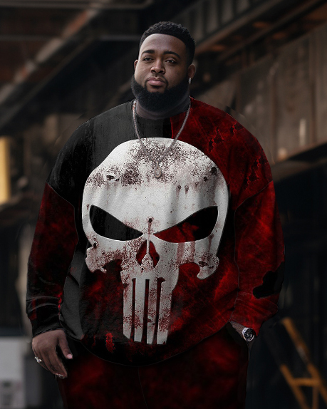 Men's Color Block Tie Dye Skull Graffiti Large Size Sweatshirt Two Piece Set