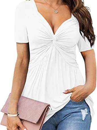 Women Short Sleeve V-neck Solid Color Tops