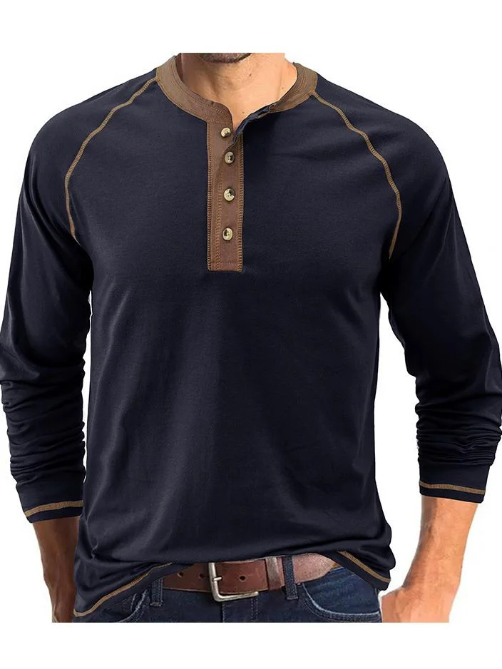 Men's Fashion Basic Cotton Stretch Long Sleeve Raglan Sleeve Contrast Henley Top