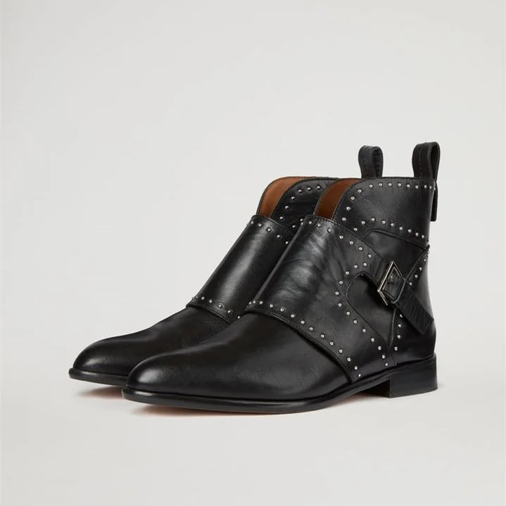 Black Flat Studded Buckles Motorcycle Boots |FSJ Shoes