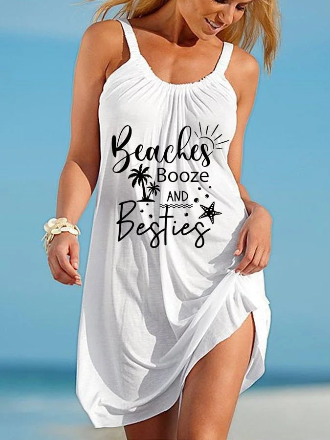 🔥Buy 3 Get 10% Off🔥Women's Beaches Booze & Besties Print Sleeveless Casual Dress